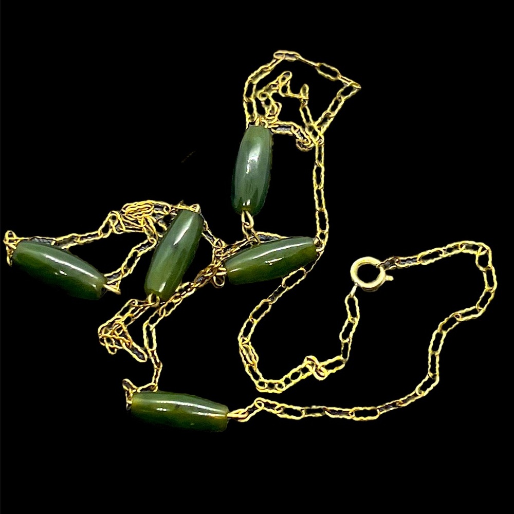 Feng Shui vintage 12k gold plated green jade stone necklace beaded